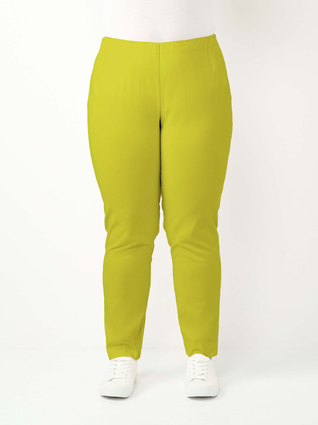 a woman wearing a vibrant lime green bengaline pant in full length straight leg