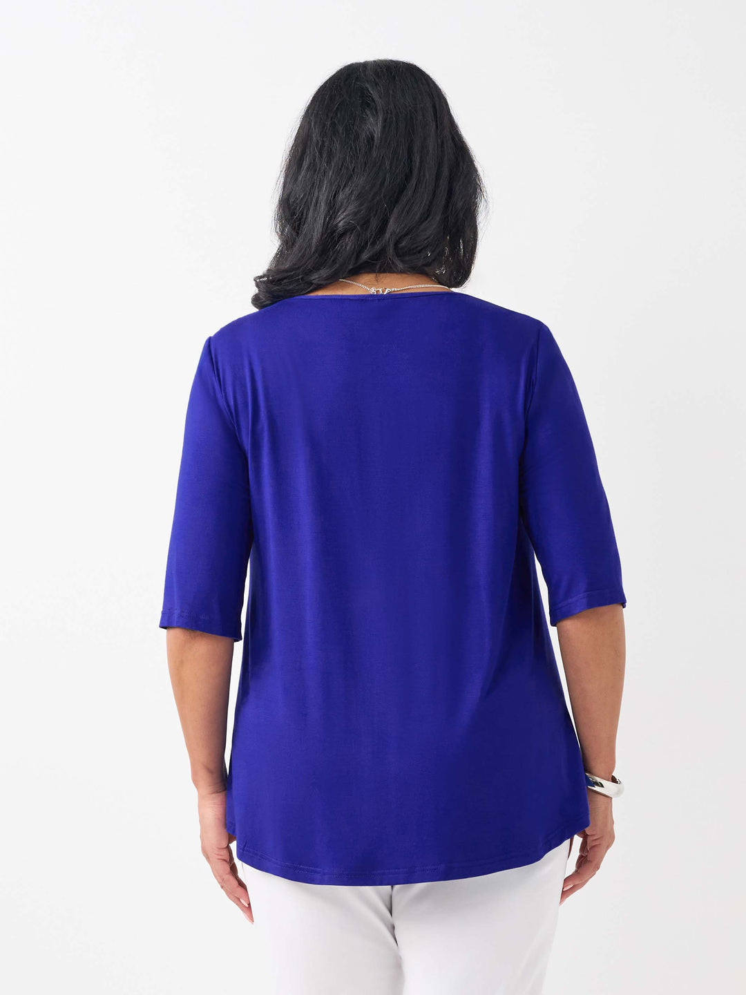 back view of model wearing a bright ocean blue three-quarter sleeve basic T-shirt