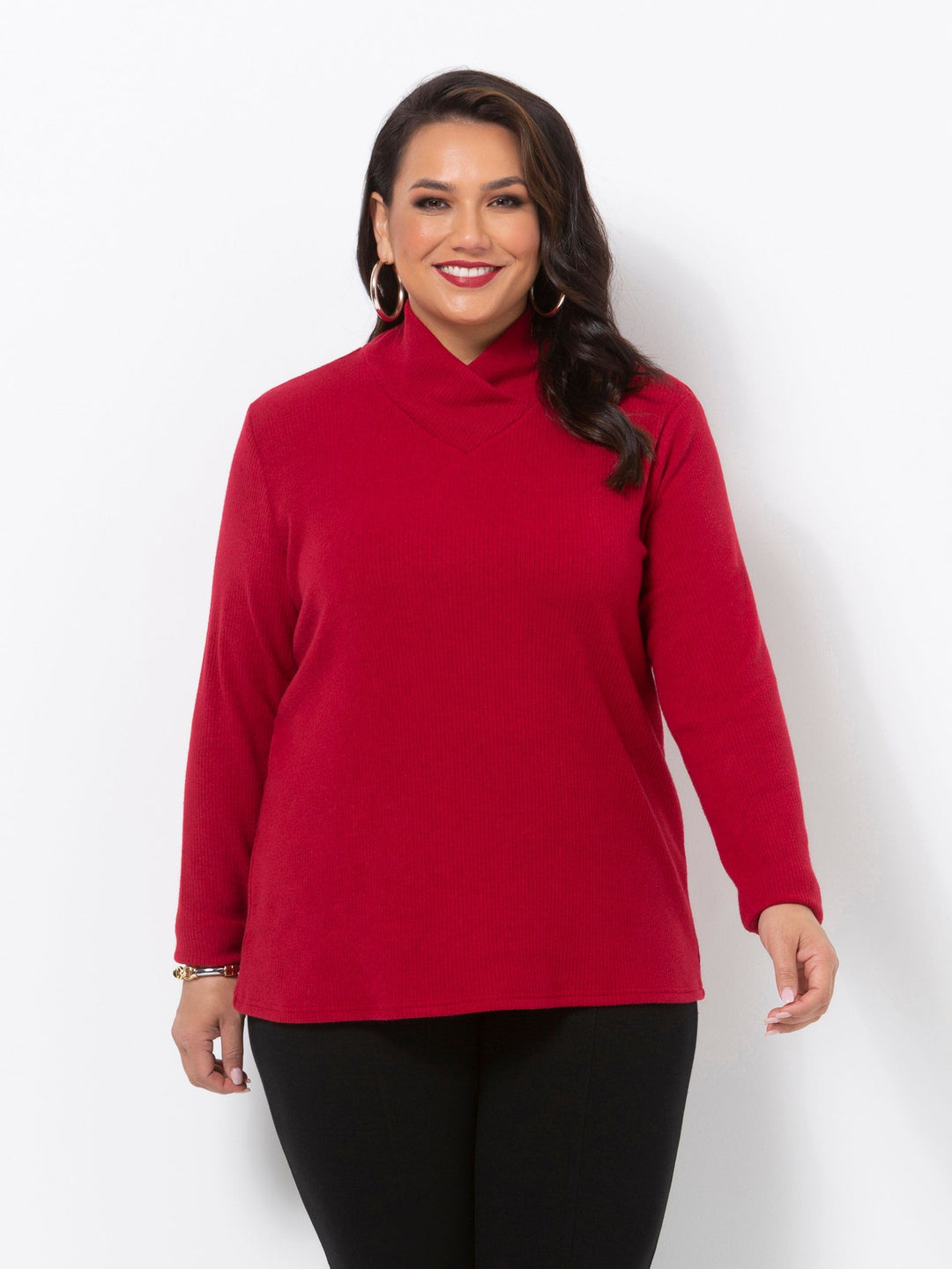 Red Ribbed Knit High Neck Top