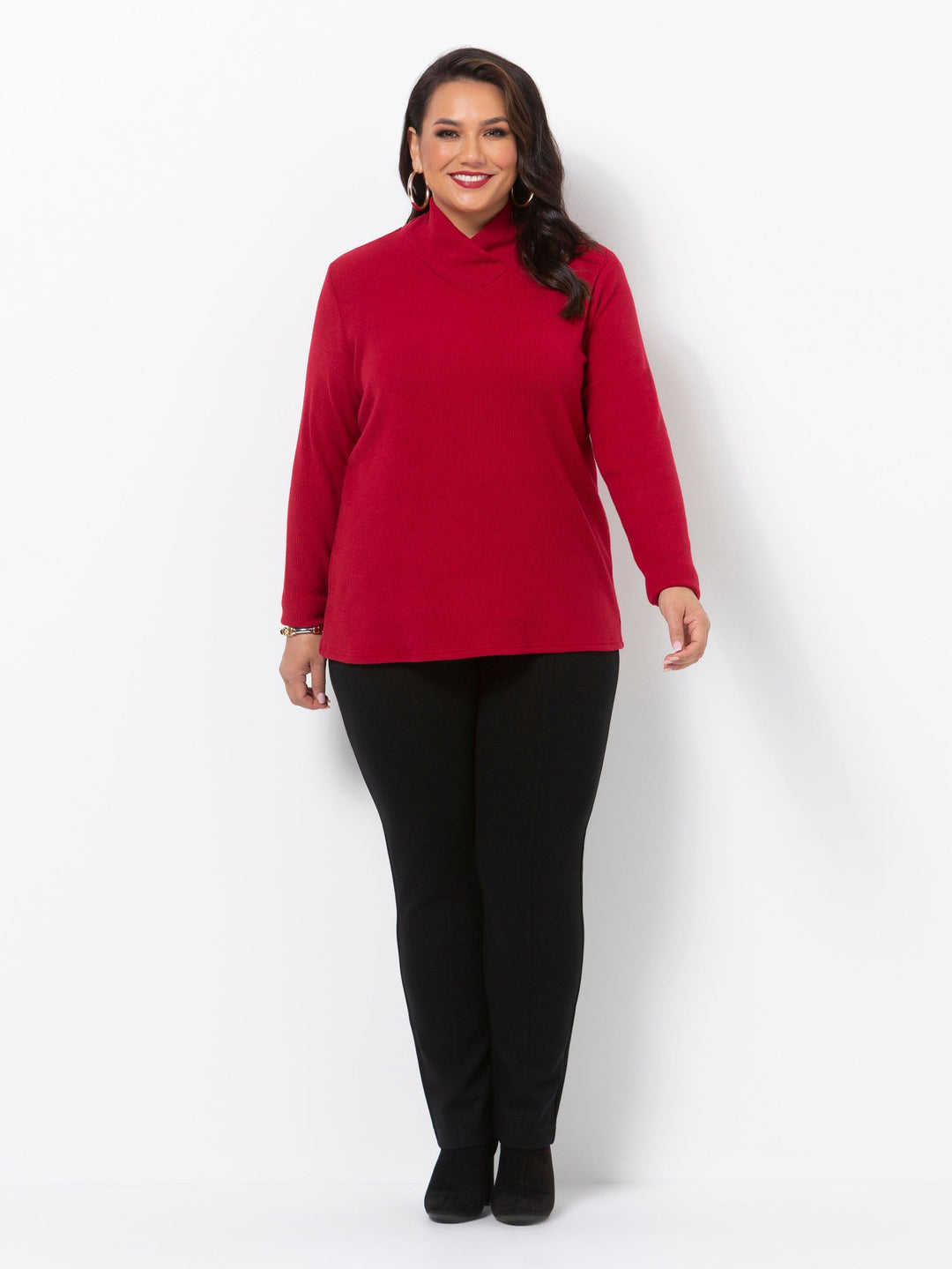 Red Ribbed Knit High Neck Top
