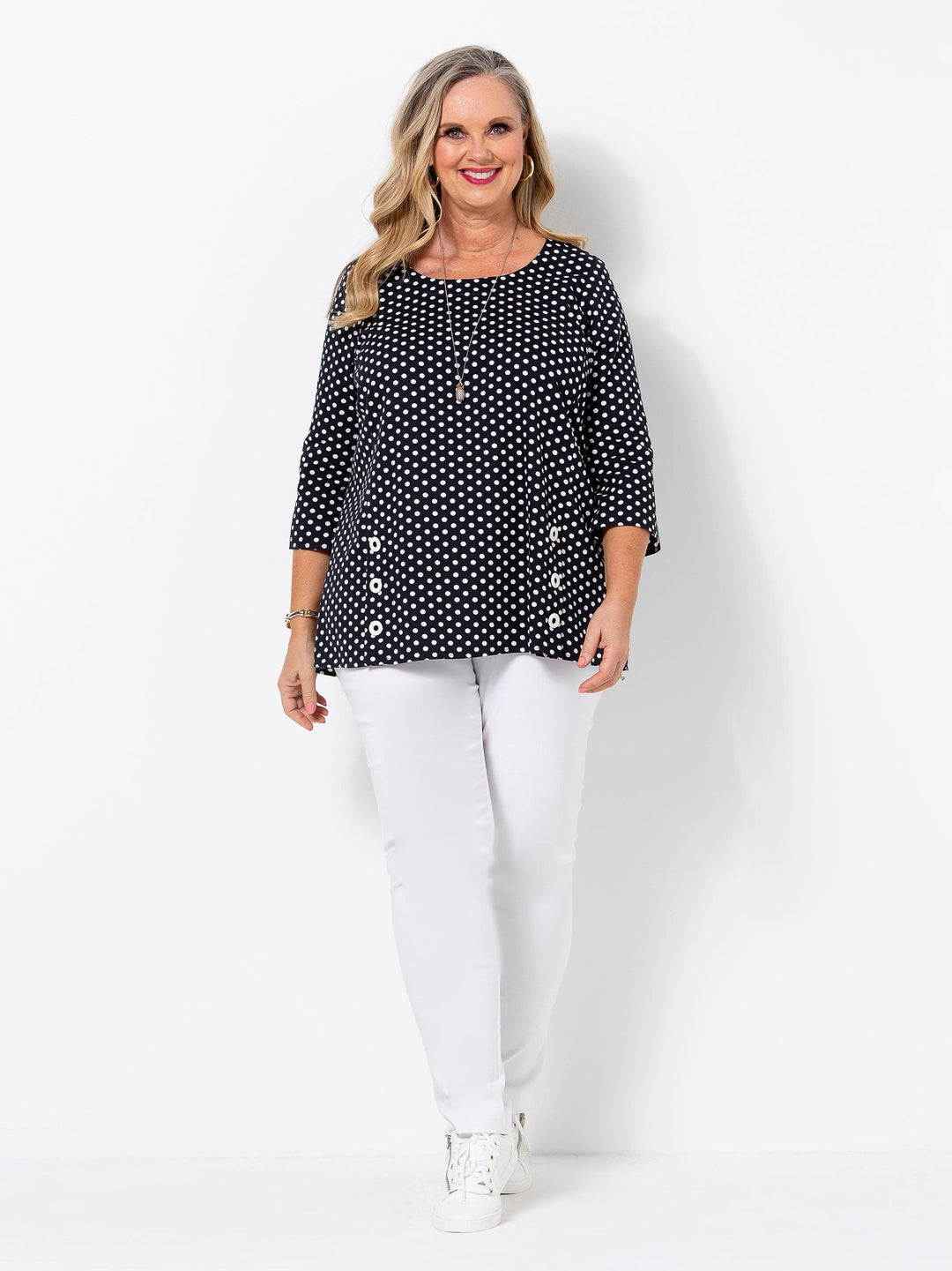 Indigo Pique Spot Button Top