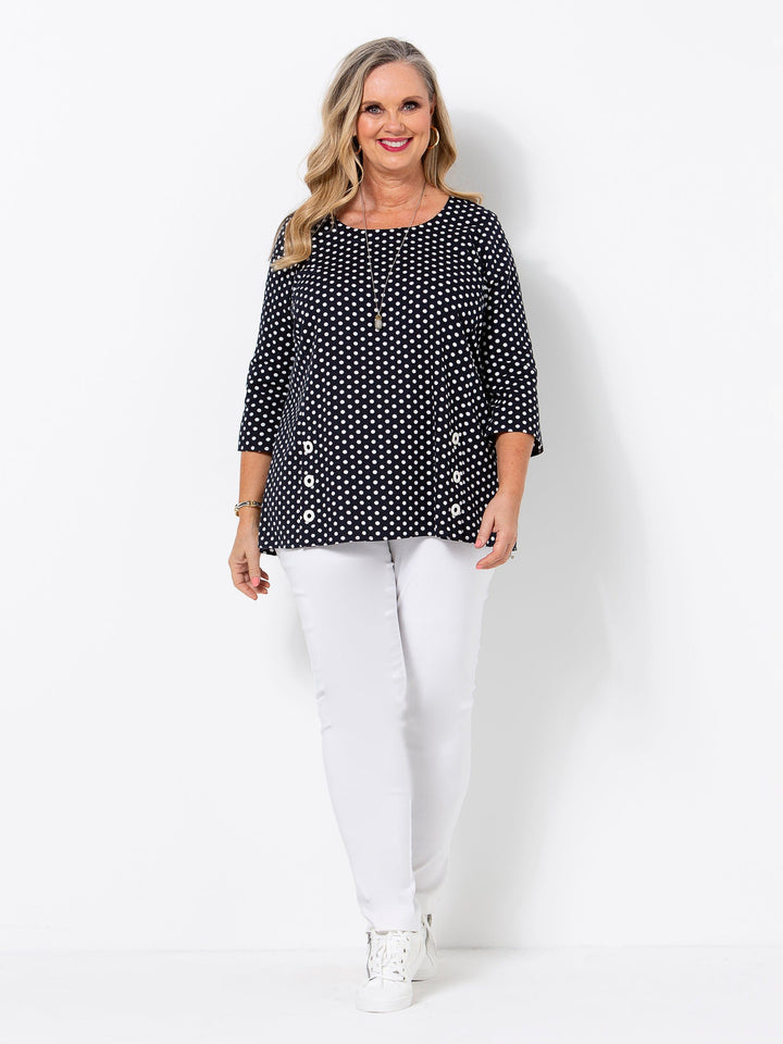 Indigo Pique Spot Button Top