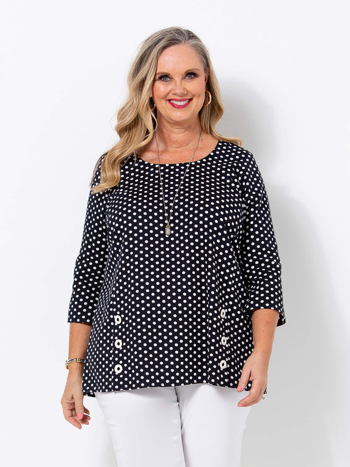 Indigo Pique Spot Button Top