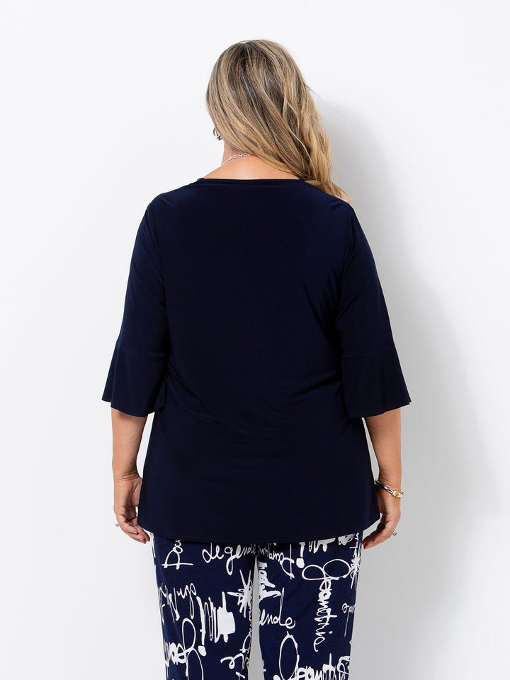 Navy Frill Sleeve V-Neck Jersey Top