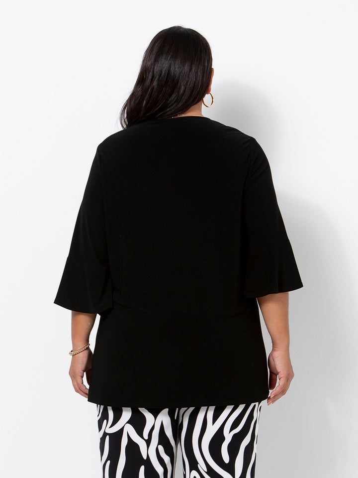 Black Frill Sleeve V-Neck Jersey Top