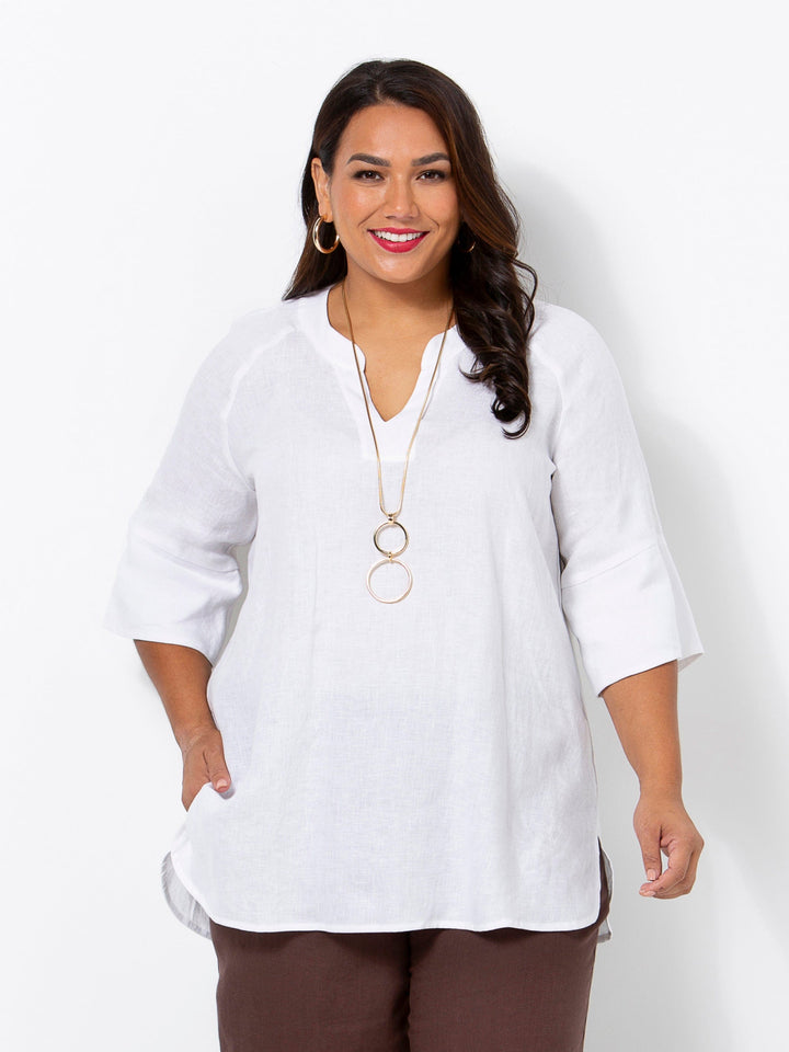 White Linen V Neck Band Top