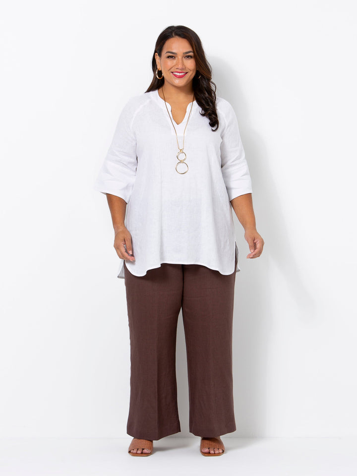 White Linen V Neck Band Top