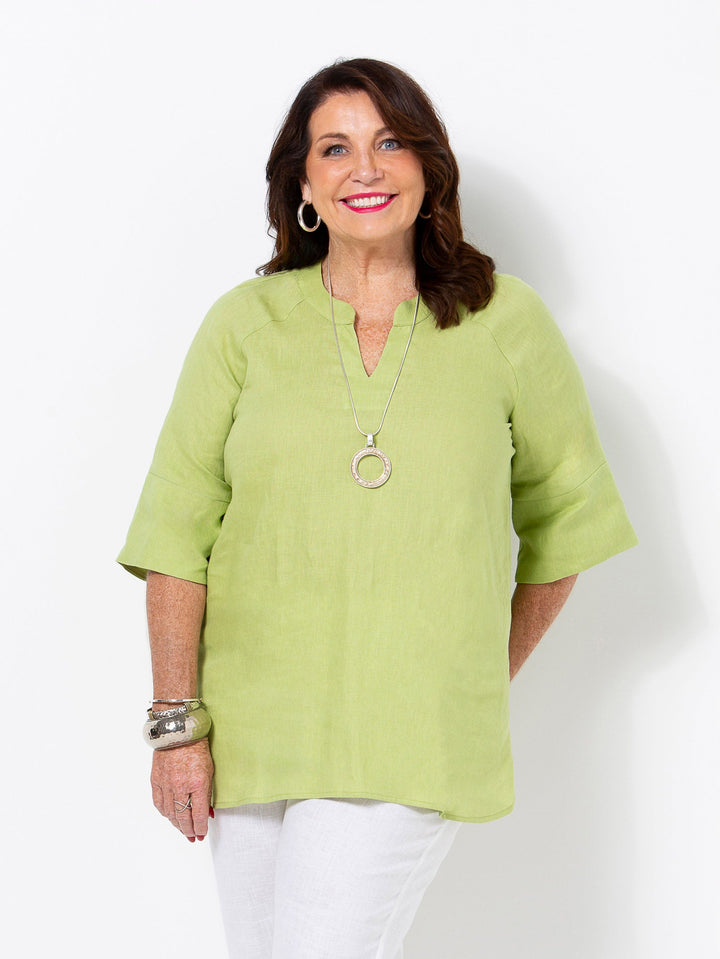 Pear Linen V Neck Band Top