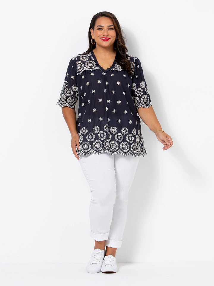 Navy Bloom Broderie Top