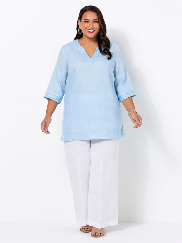 Blue Linen Embroidered Top