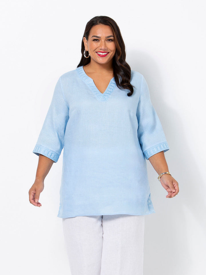 Blue Linen Embroidered Top