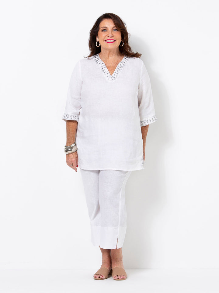 White Linen Embroidered Top