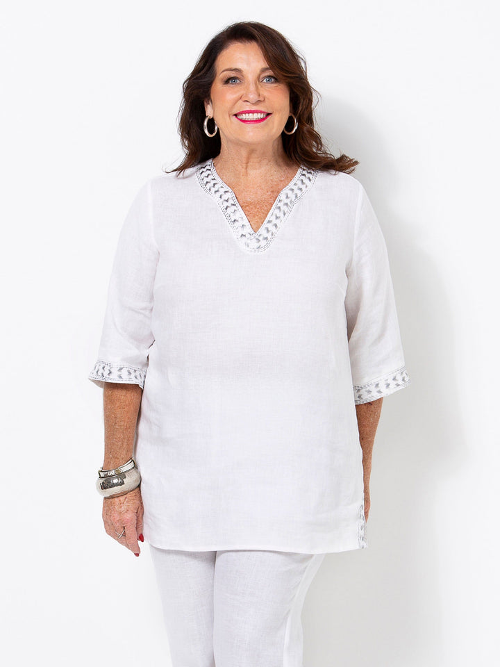 White Linen Embroidered Top