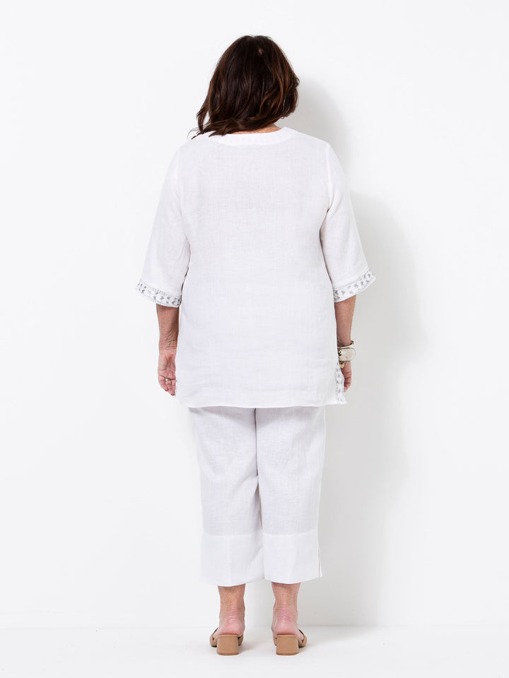 White Linen Embroidered Top