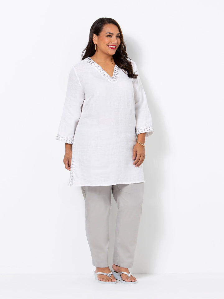 White Linen Embroidered Top