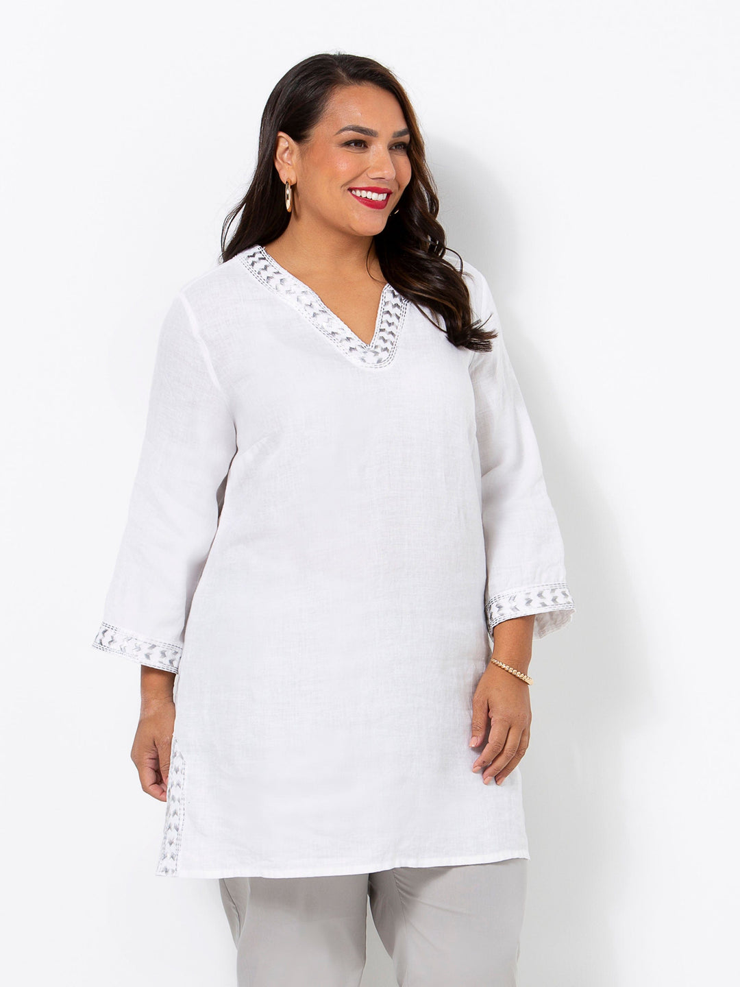 White Linen Embroidered Top