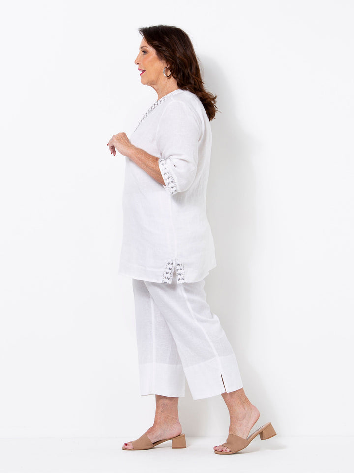 White Linen Embroidered Top