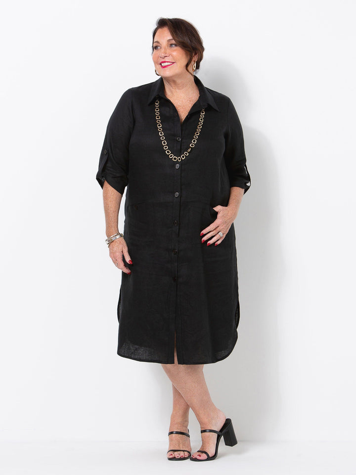 Black Linen Button Through Dress