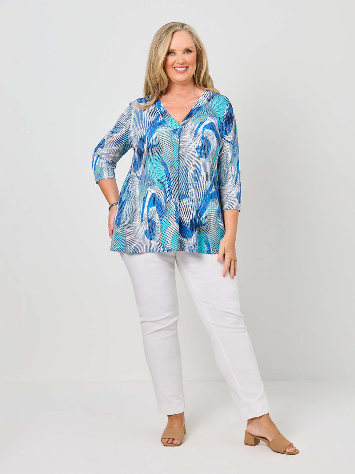 V-Neck Band Invert Print Jersey Top - Pacific Blue