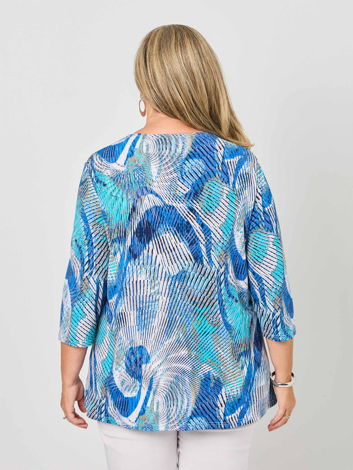V-Neck Band Invert Print Jersey Top - Pacific Blue