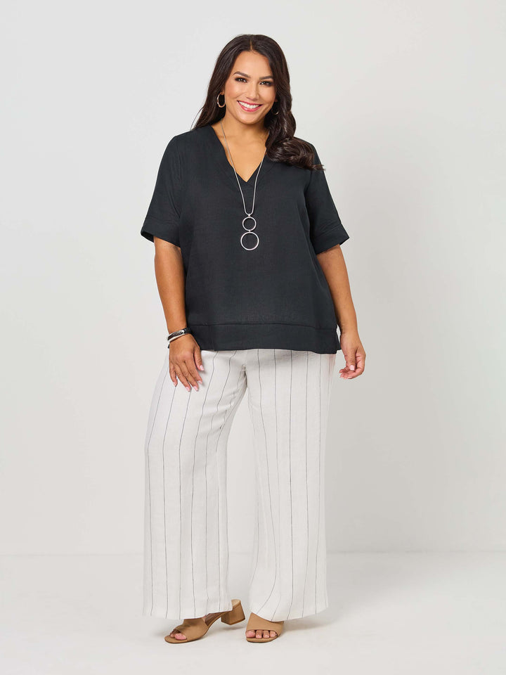 V-Neck Linen Top - Black