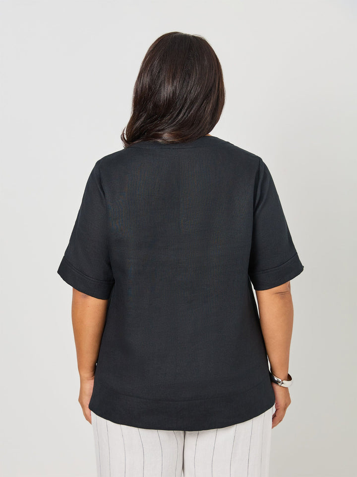 V-Neck Linen Top - Black