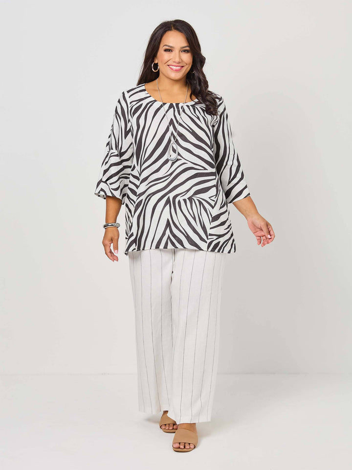 Round Neck Print Linen Top - Zebra