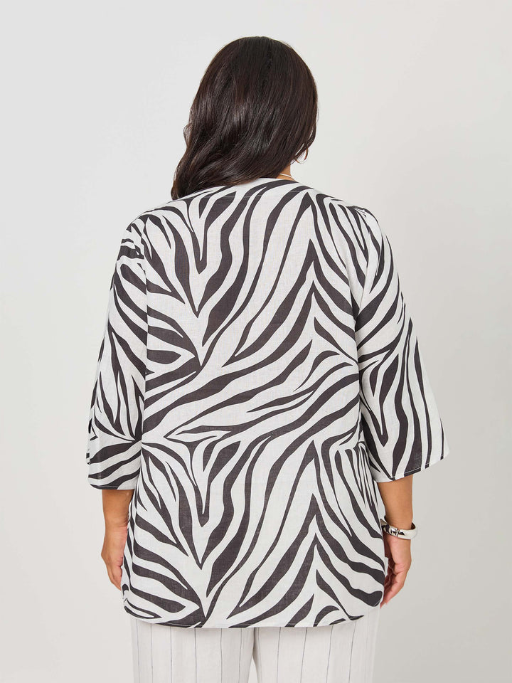 Round Neck Print Linen Top - Zebra