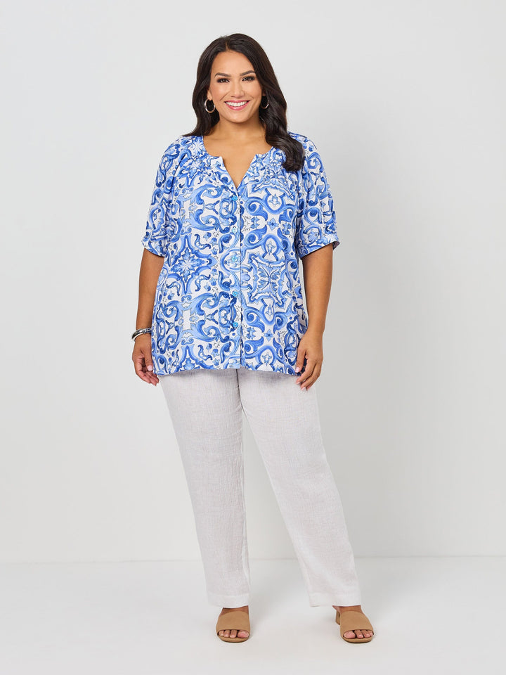 Button Thru Top - Blue Wedgewood