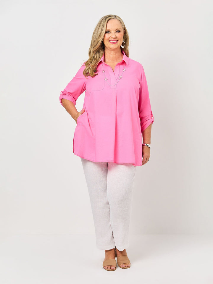 Plain Collared Cotton Top - Hot Pink