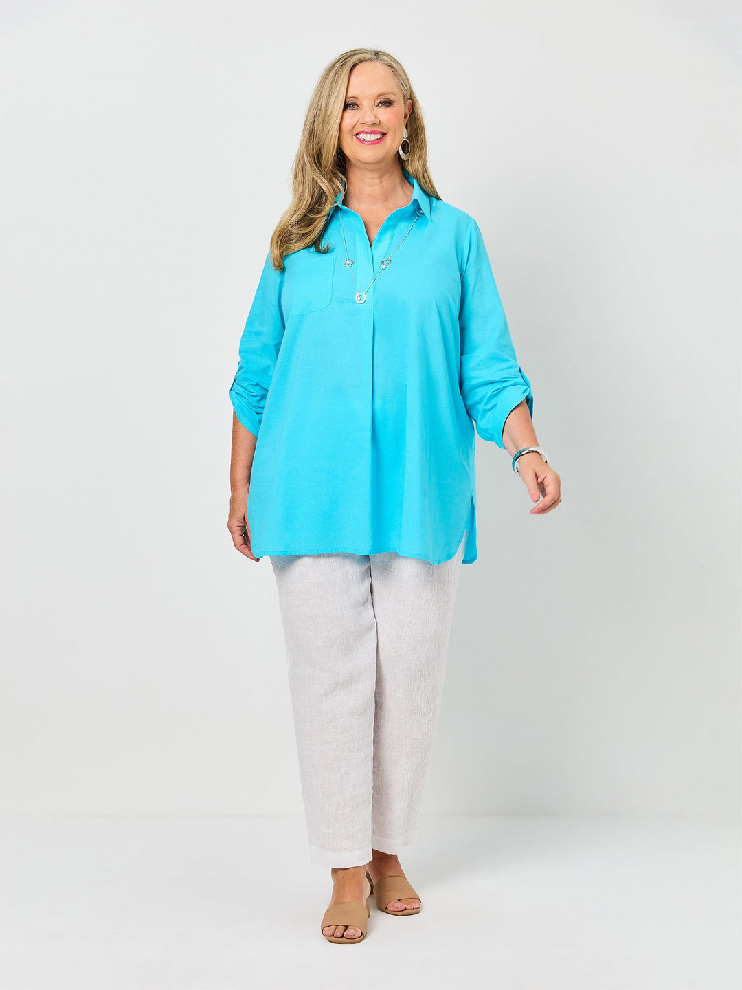 Plain Collared Cotton Top  - Aqua