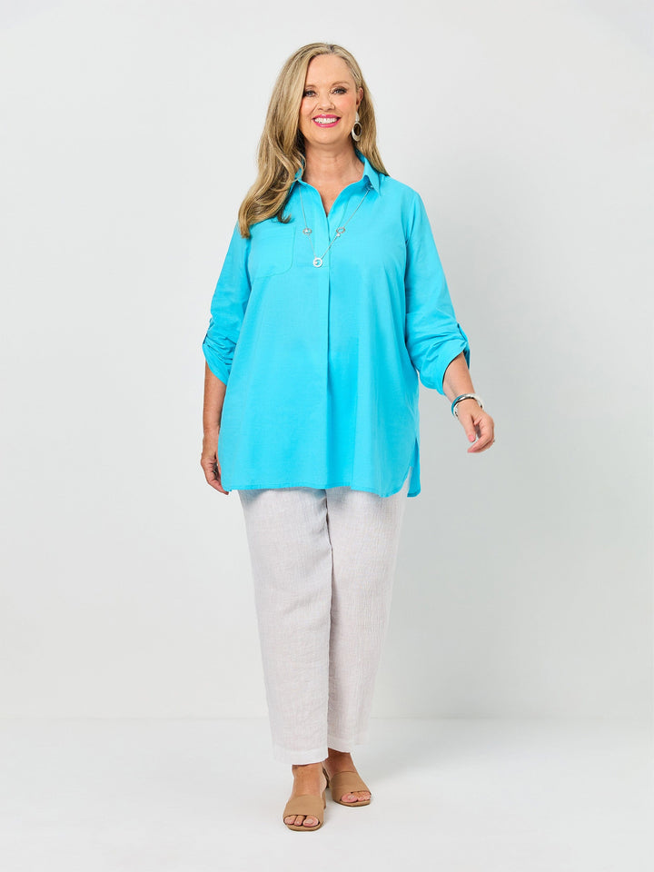 Plain Collared Cotton Top  - Aqua