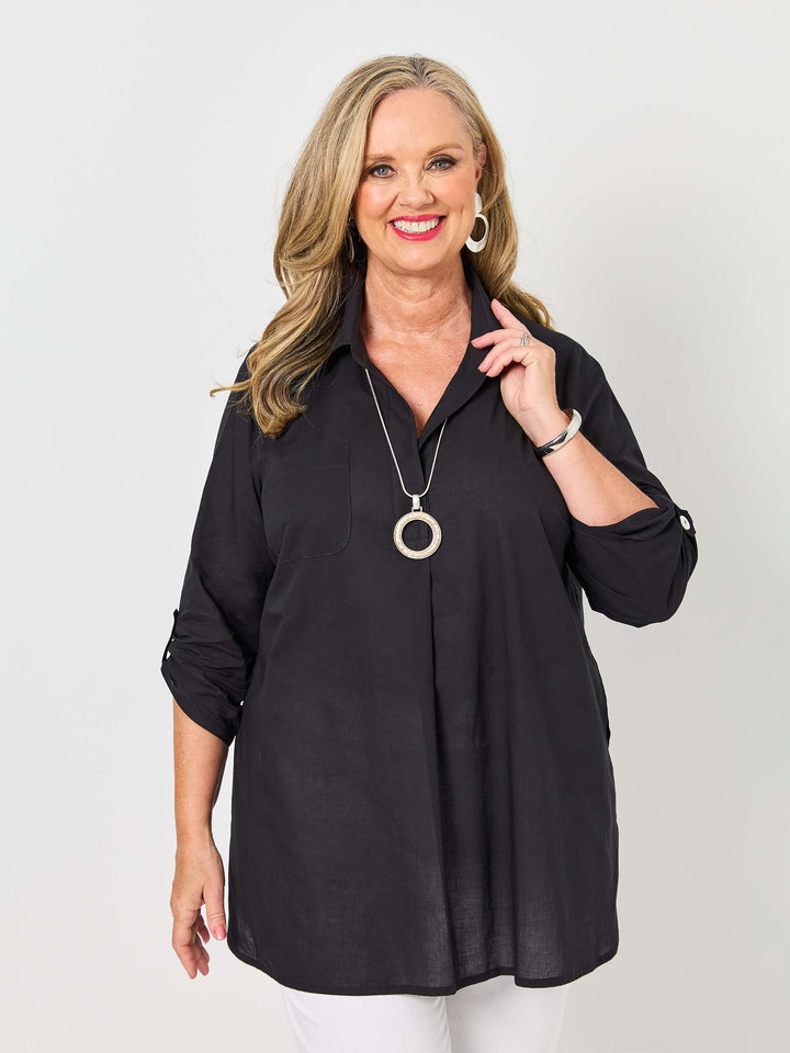 Plain Collared Cotton Top - Black