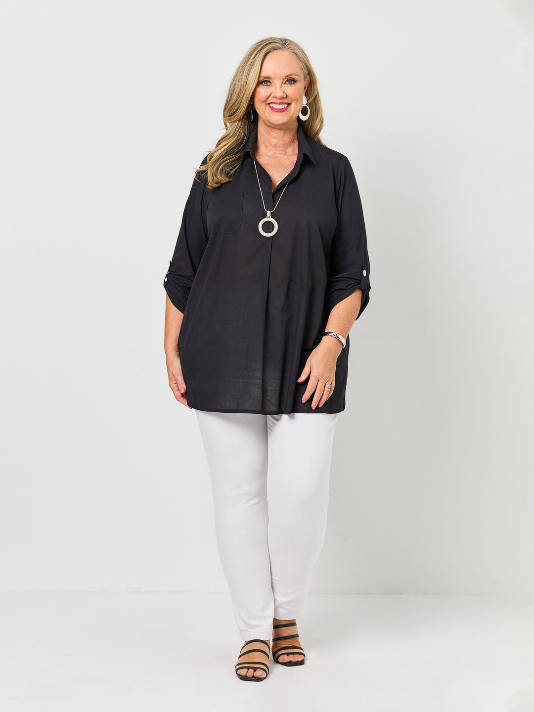 Plain Collared Cotton Top - Black