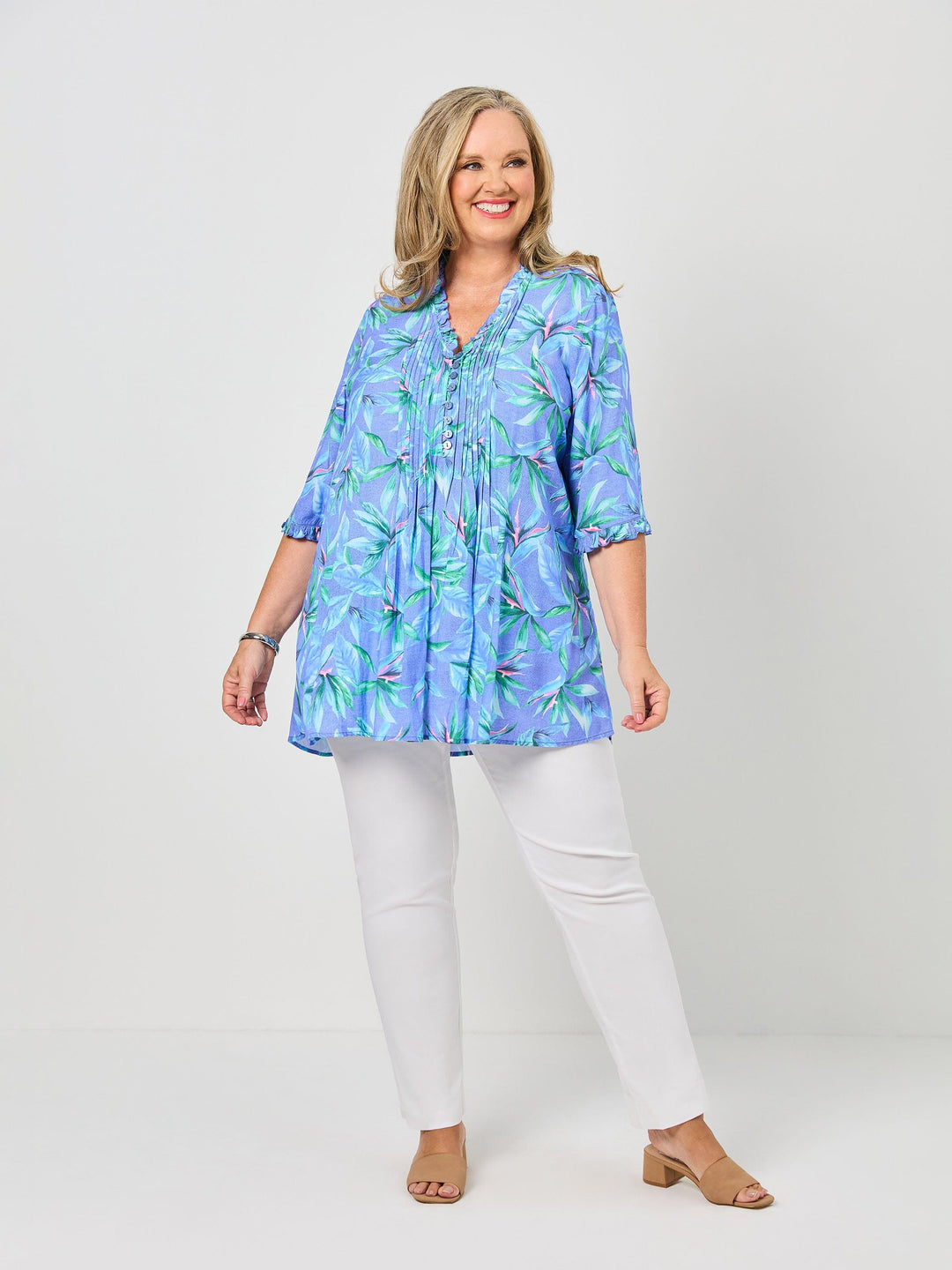 Ruffle Trim Tucked Rayon Top - Bird of Paradise
