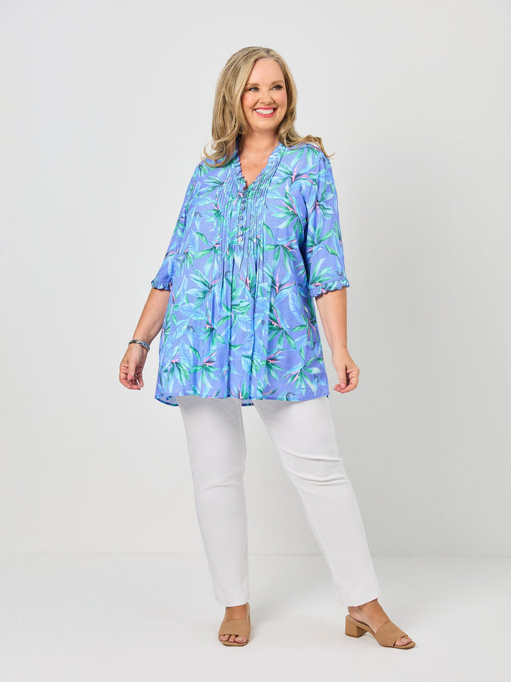 Ruffle Trim Tucked Rayon Top - Bird of Paradise