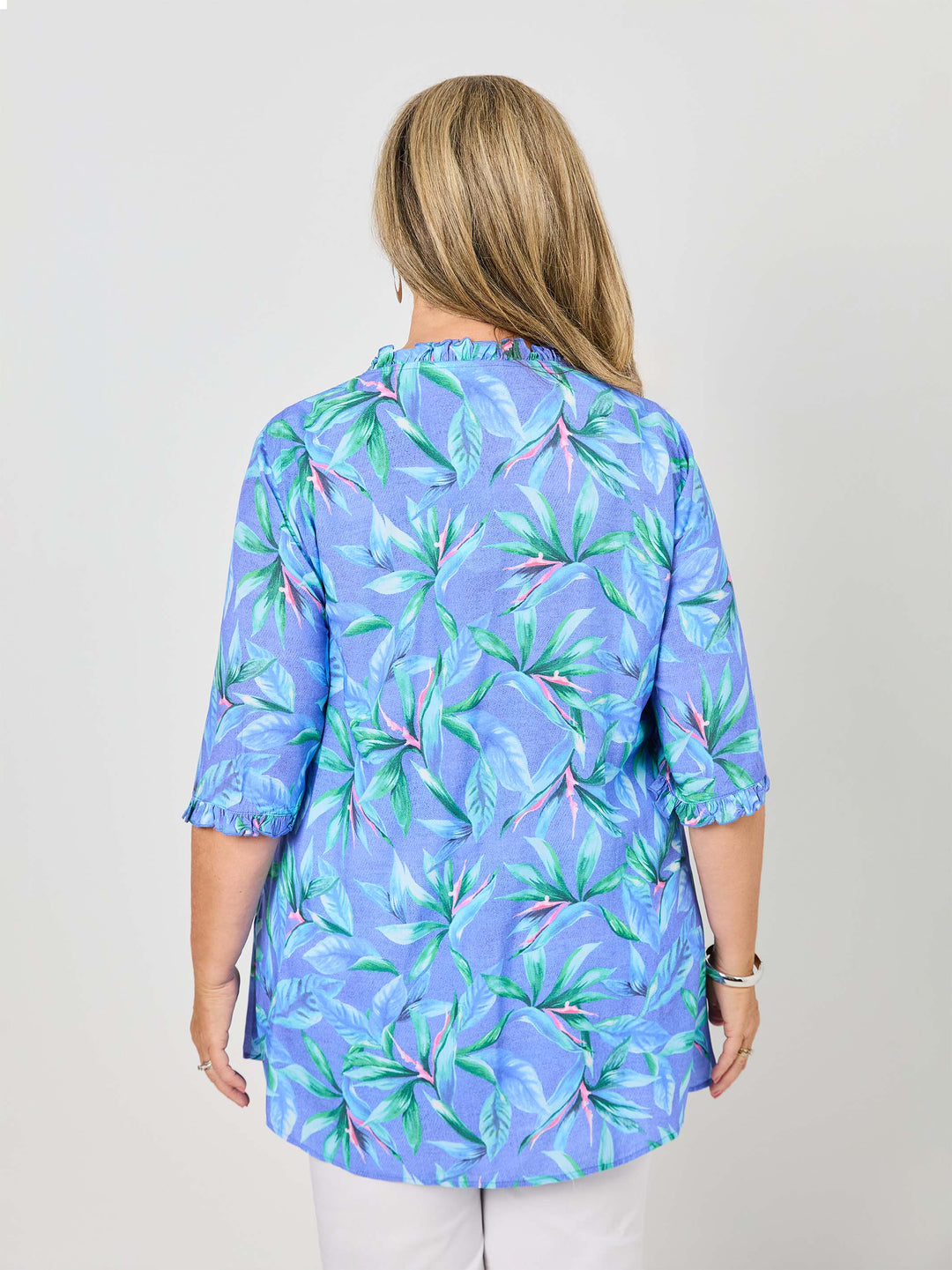 Ruffle Trim Tucked Rayon Top - Bird of Paradise