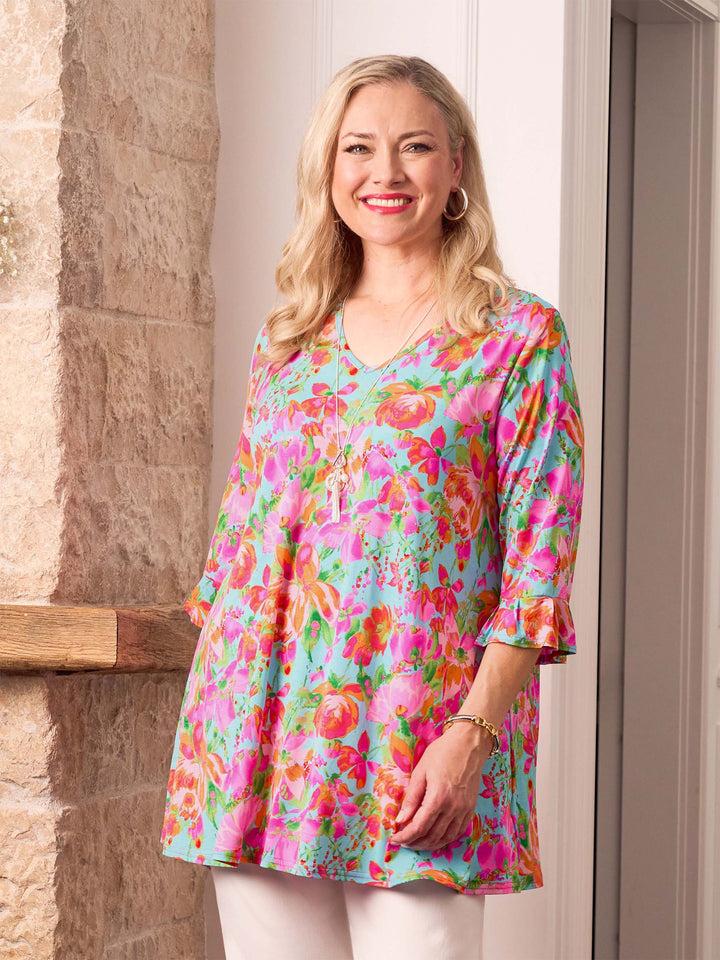 V-Neck Frill Sleeve Swing Jersey Top - Flower Spray