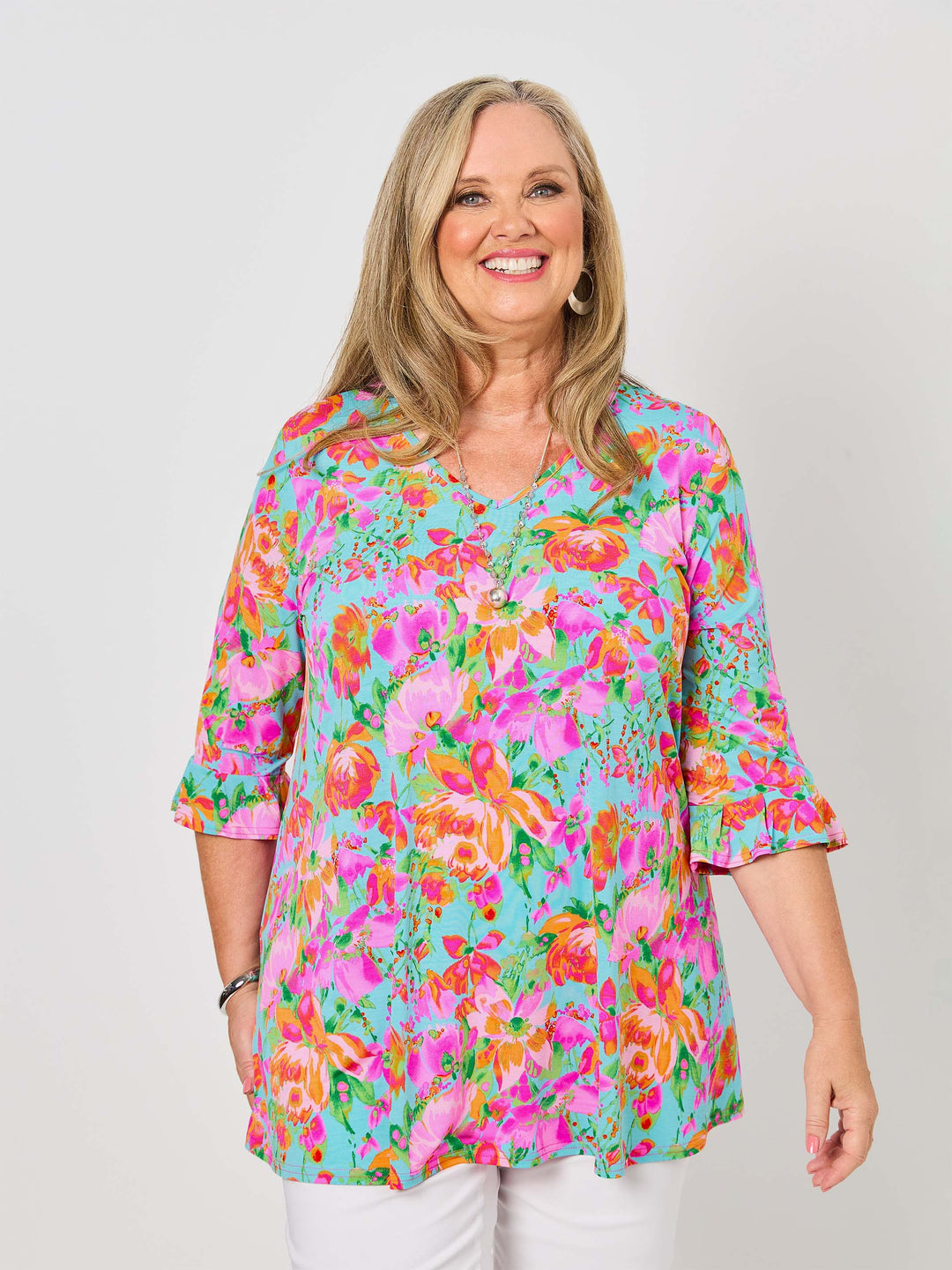 V-Neck Frill Sleeve Swing Jersey Top - Flower Spray