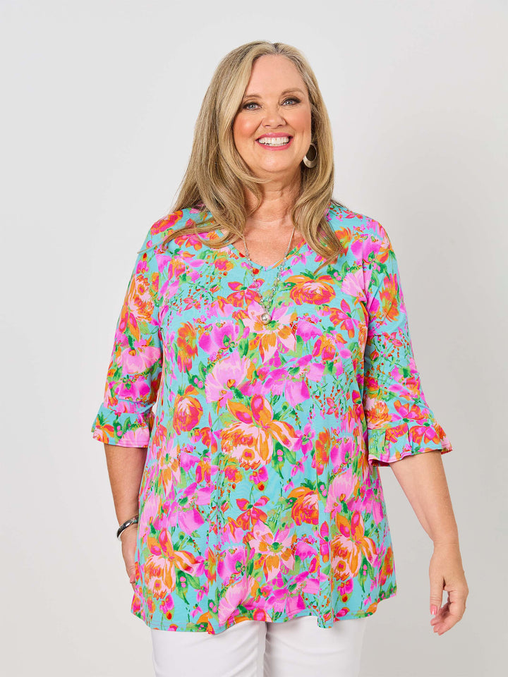 V-Neck Frill Sleeve Swing Jersey Top - Flower Spray