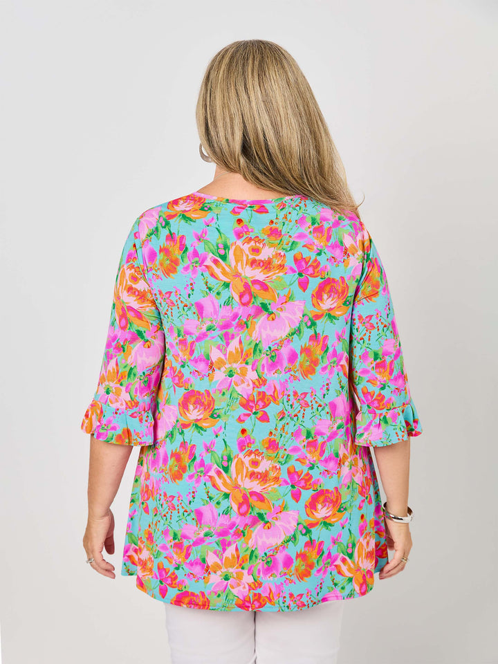 V-Neck Frill Sleeve Swing Jersey Top - Flower Spray