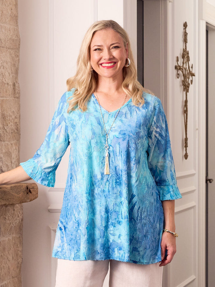 V-Neck Frill Sleeve Swing Burnout Knit Top - Blue Skies