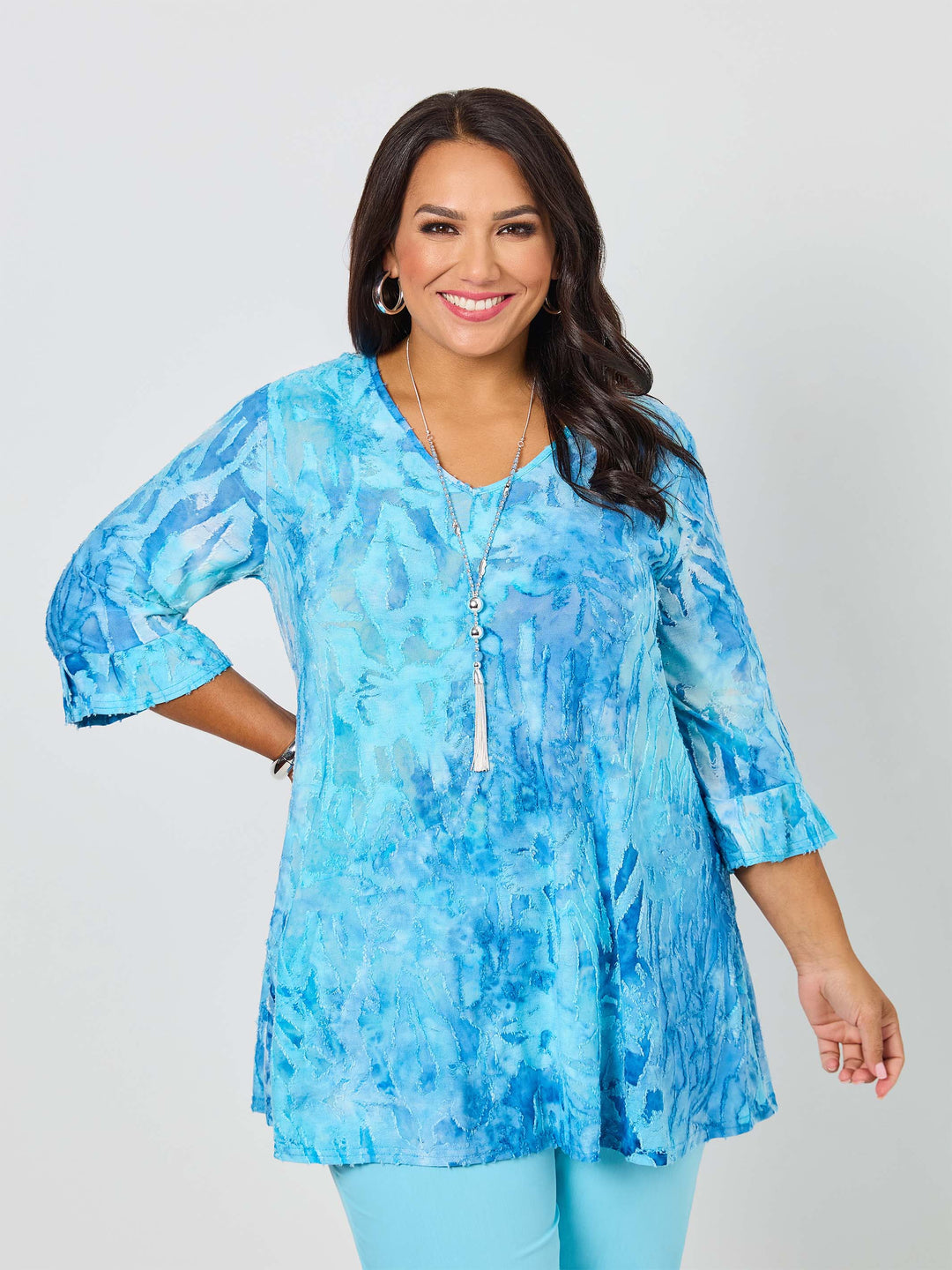 V-Neck Frill Sleeve Swing Burnout Knit Top - Blue Skies