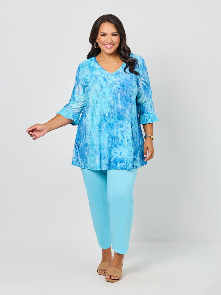 V-Neck Frill Sleeve Swing Burnout Knit Top - Blue Skies