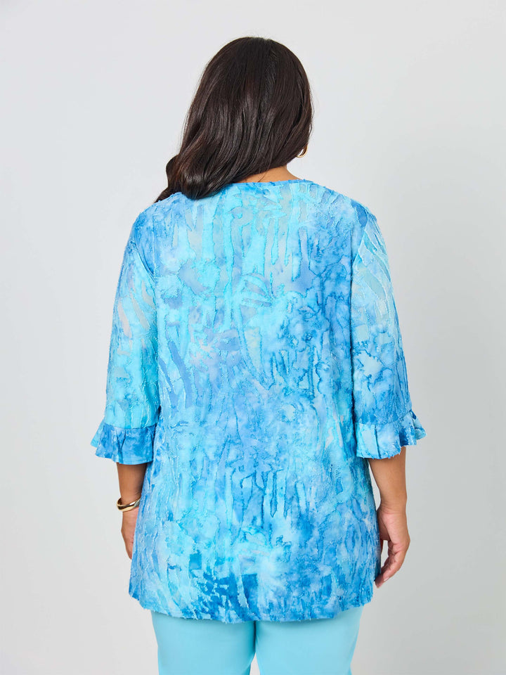 V-Neck Frill Sleeve Swing Burnout Knit Top - Blue Skies