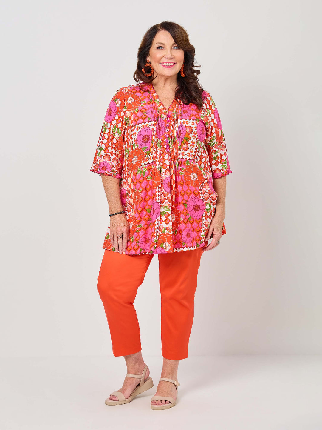 Ruffle Trim Tucked Rayon Top - Retro Floral