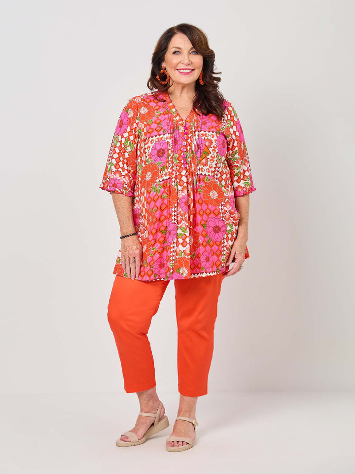 Ruffle Trim Tucked Rayon Top - Retro Floral