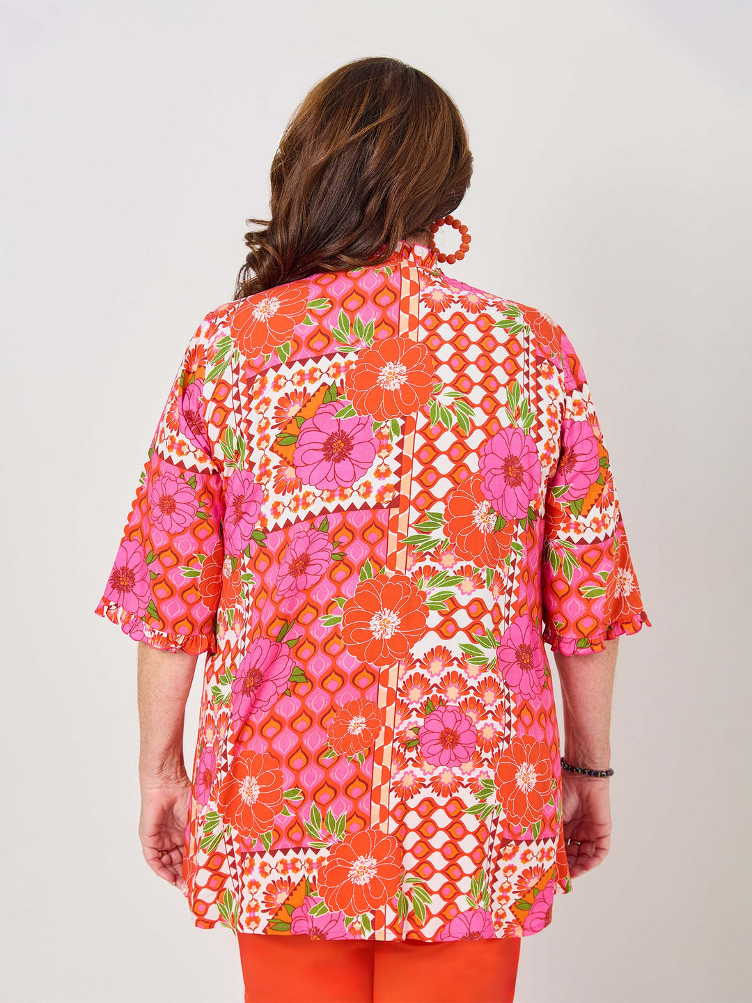 Ruffle Trim Tucked Rayon Top - Retro Floral