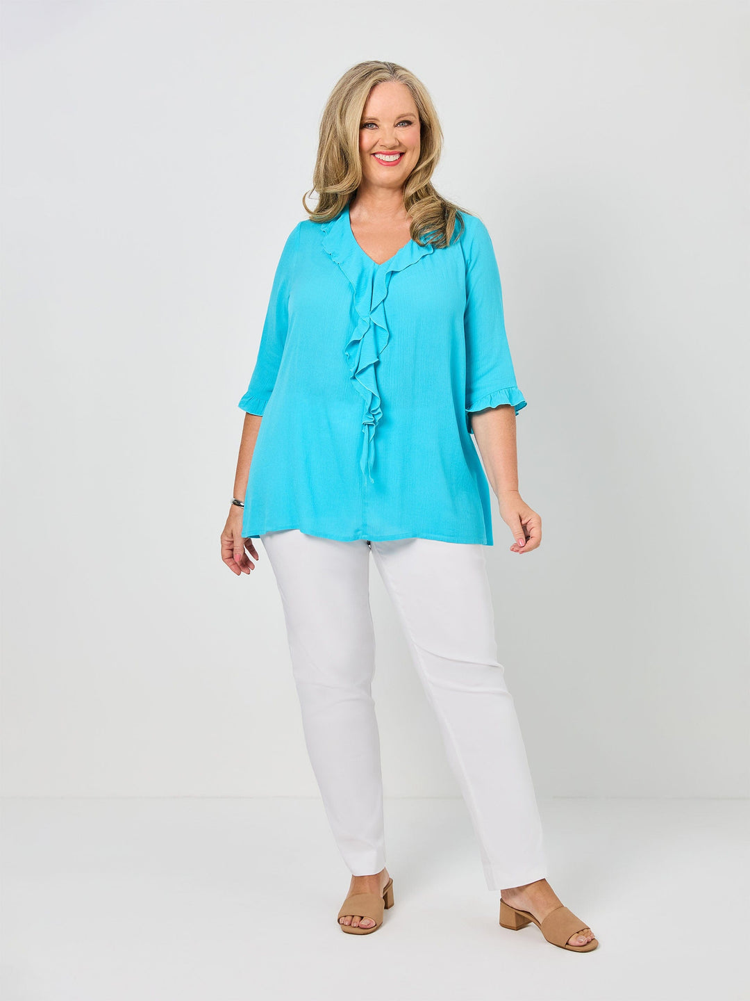 V-Neck Frill Plain Rayon Top - Turquoise