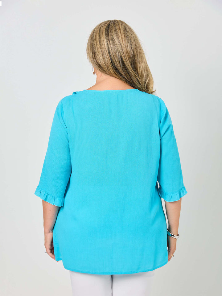 V-Neck Frill Plain Rayon Top - Turquoise